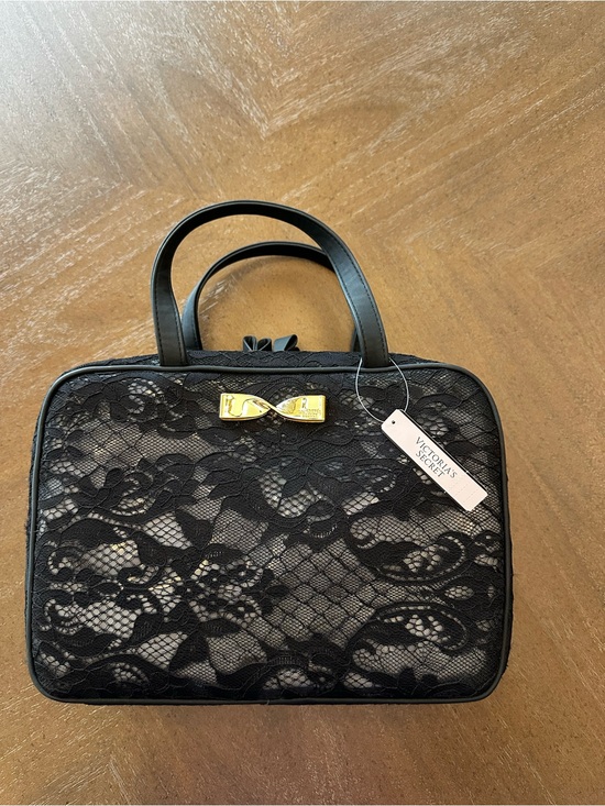 Victoria's Secret Handbags - Victoria's Secret Black Lace Top-Handle Cosmetic Bag with Gold Bow